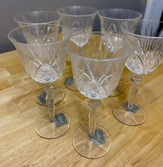 6 GORHAM ROSEWOOD, Cut Lead Crystal Wine Glasses New In Original Box, 8”T, 6oz.