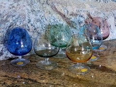 (6)Rare Icet Murano Cognac Brandy Glasses Set 4 Blue Green Red Yellow Nice Arte