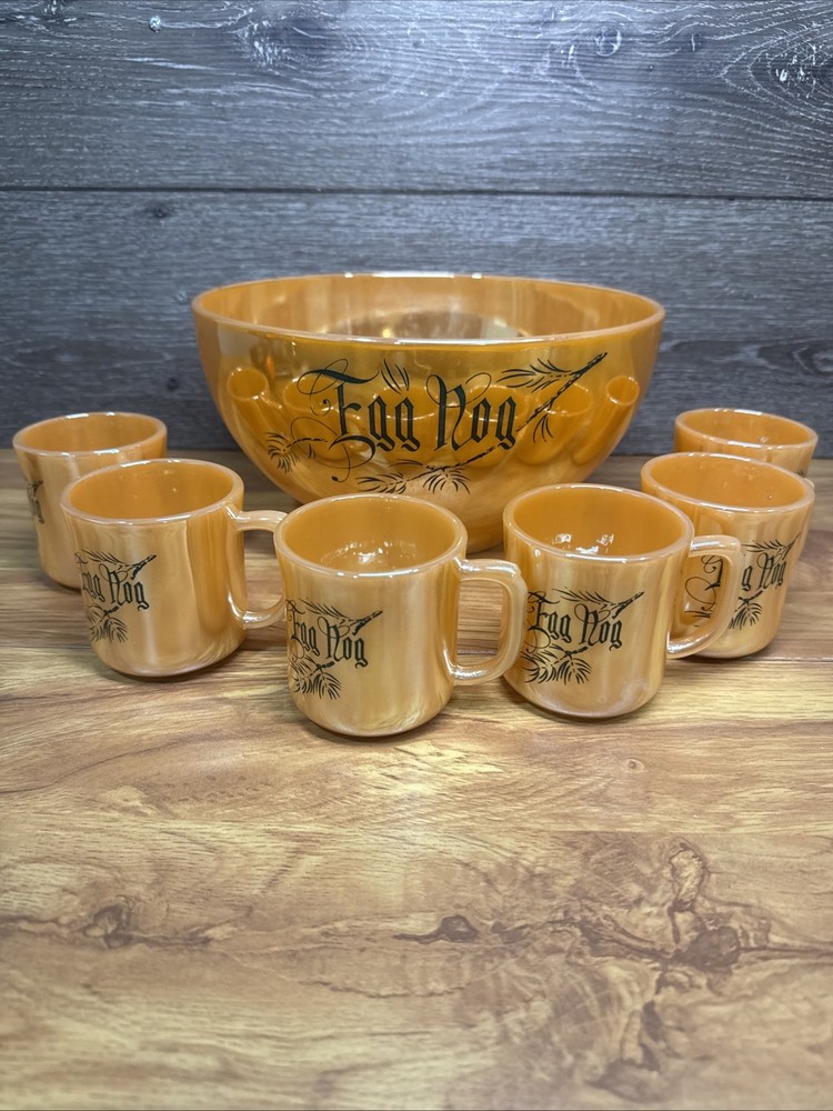 Vintage Fire King Peach Luster Tom and Jerry Punch Bowl Set 7-Piece