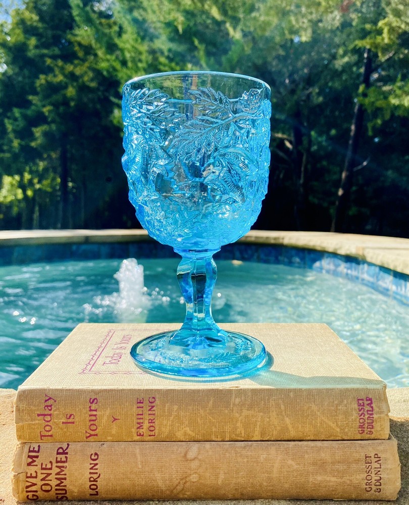 VTG Aqua Spring Blue FLAT ROSE Madonna Inn Rose 6.5″ Goblet GORGEOUS!