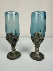 Vintage Blue Hand Blown Glass Pewter Rose Champagne Flutes Goblets Pair