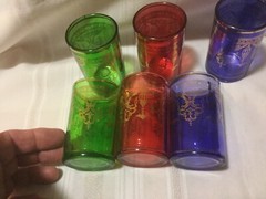 (6) Vintage Gold Trim Tumblers Red Blue Green 3.75”