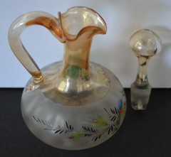 New England Pomona Glass Floral Bird Optic Cruet