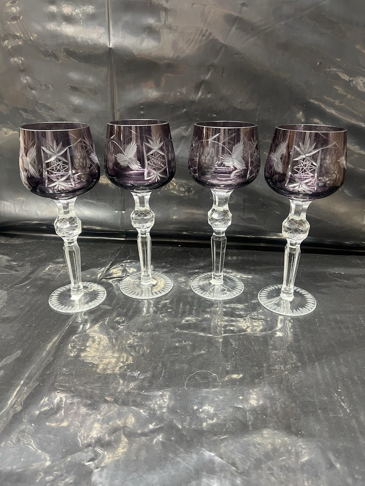 SET OF 4 HORTENSJA AMETHYST CUT TO CLEAR CRYSTAL WINE GOBLETS {809}