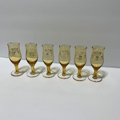 Vintage Set of 6 Amber Cordial Glass Footed w/ Gold Trim Clear Stem MCM