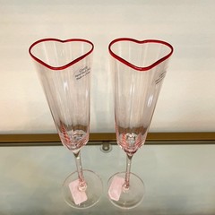Pink Heart Shaped Champagne Flute Glass Set of 2 Red Rim Valentines Day NEW