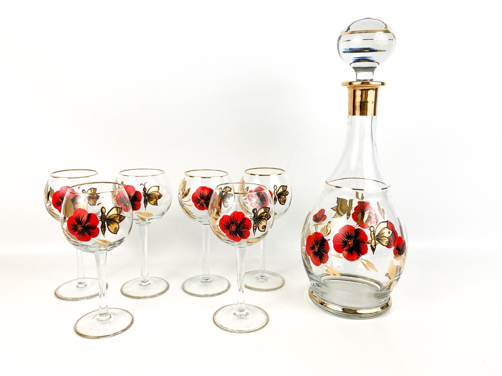 Vintage Large Butterfly & Pansy Bohemian Decanter W/6 Wine Glasses Hand Painted
