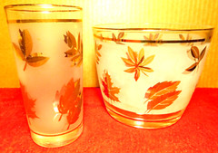 Libbey Highball~Frosted Maple Leaves Glass Ice Bucket & Matching Water Glass