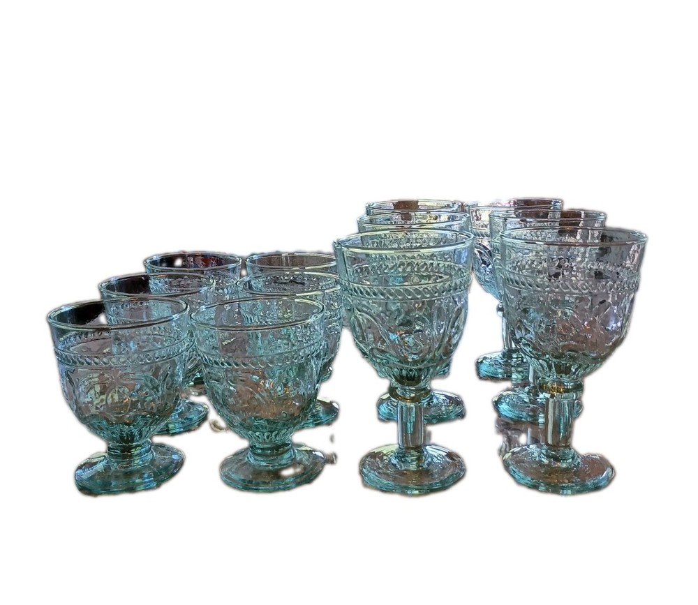 Set Of 12 Hand Blown Glasses Blue Green Goblets And Glasses Dinnerware