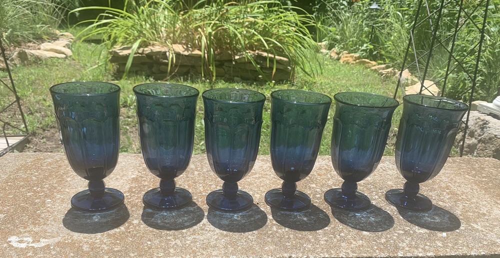 Vintage Set Of 6 Libbey Duratuff Dusky Blue Ice Tea Wine Glasses Goblets