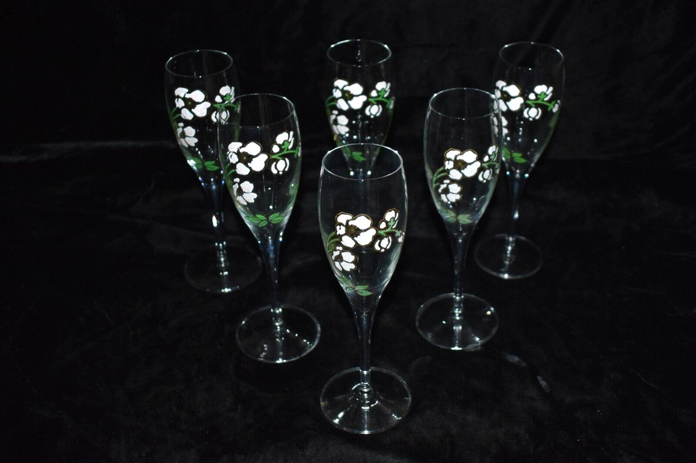 PERRIER JOUET Champagne Flutes Glasses Hand Painted Anemone Flower Set of 6 #2