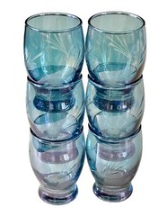 Iridescent Blue Glass Etched Atomic Shooting Star/Flower Stacking Juice Glasses