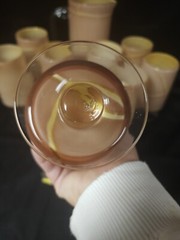 Vintage MCM Hand Blown Set Of 8 Glasses And Pitcher. Tan/Peach