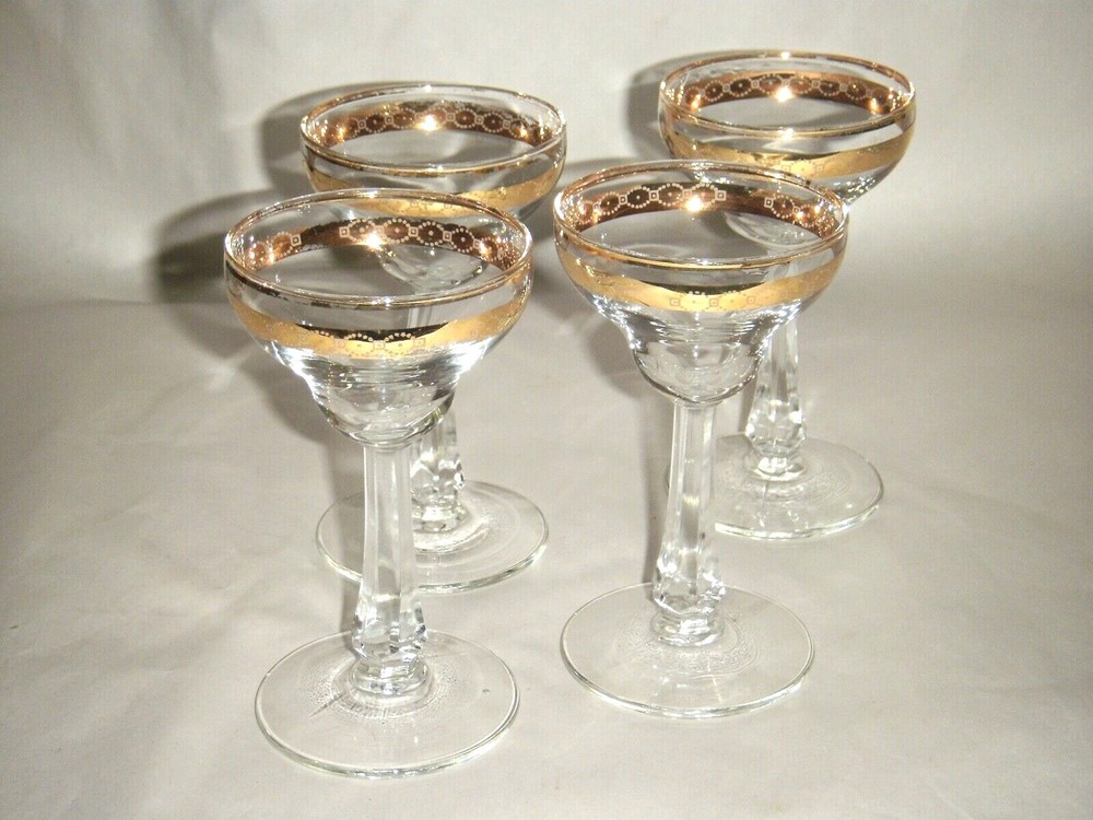 4 VINTAGE LIBBEY GLASS 5 1/8″ LIQUOR GOLD GEOMETRIC .25″ BAND 6400 STEM PATTERN