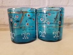 Vintage Antique Pair of Blue Glasses with Fleur de Lis Gold & Daisy Decorations