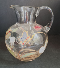 Vintage Glass Pitcher With Hand Painted And Gold Gilded Butterflies 64 Oz’s