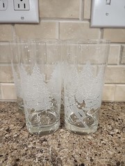 Set Of 4 Frosted Winter Sleigh Ride Tall Clear Drinking Glasses Barware 14 oz
