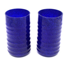 PAIR Union Street Glass R Guy Corrie Signed Ribbed Tumblers Cobalt Blue 5″ Tall