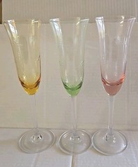 Block Crystal Multicolor Etched Fluted Champagne Flutes / Glasses Set Of 3