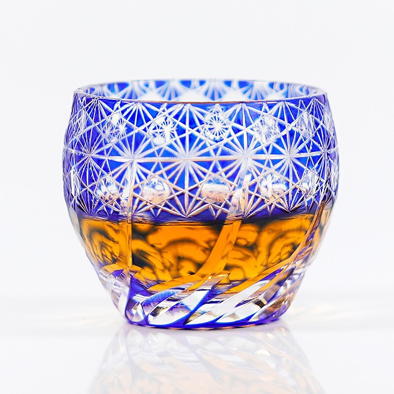 Blue Edo Kiriko Glass Cup Small Shot Glasses For Sake Handmade Cased Glass 2oz