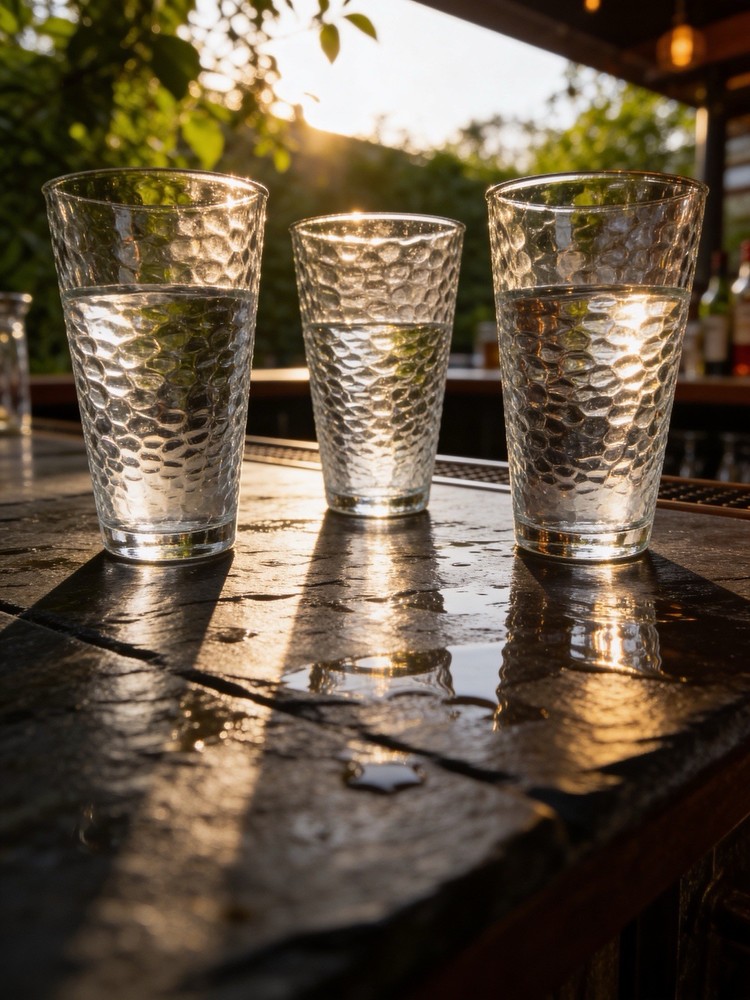 Set of 3 Vintage Textured Glass Tumblers Hammered Drinking Glasses 6”