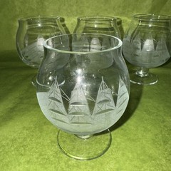 Set 4 Etched Ship Brandy Snifter Glasses Vintage Sailing Tall Ships Nautical MCM