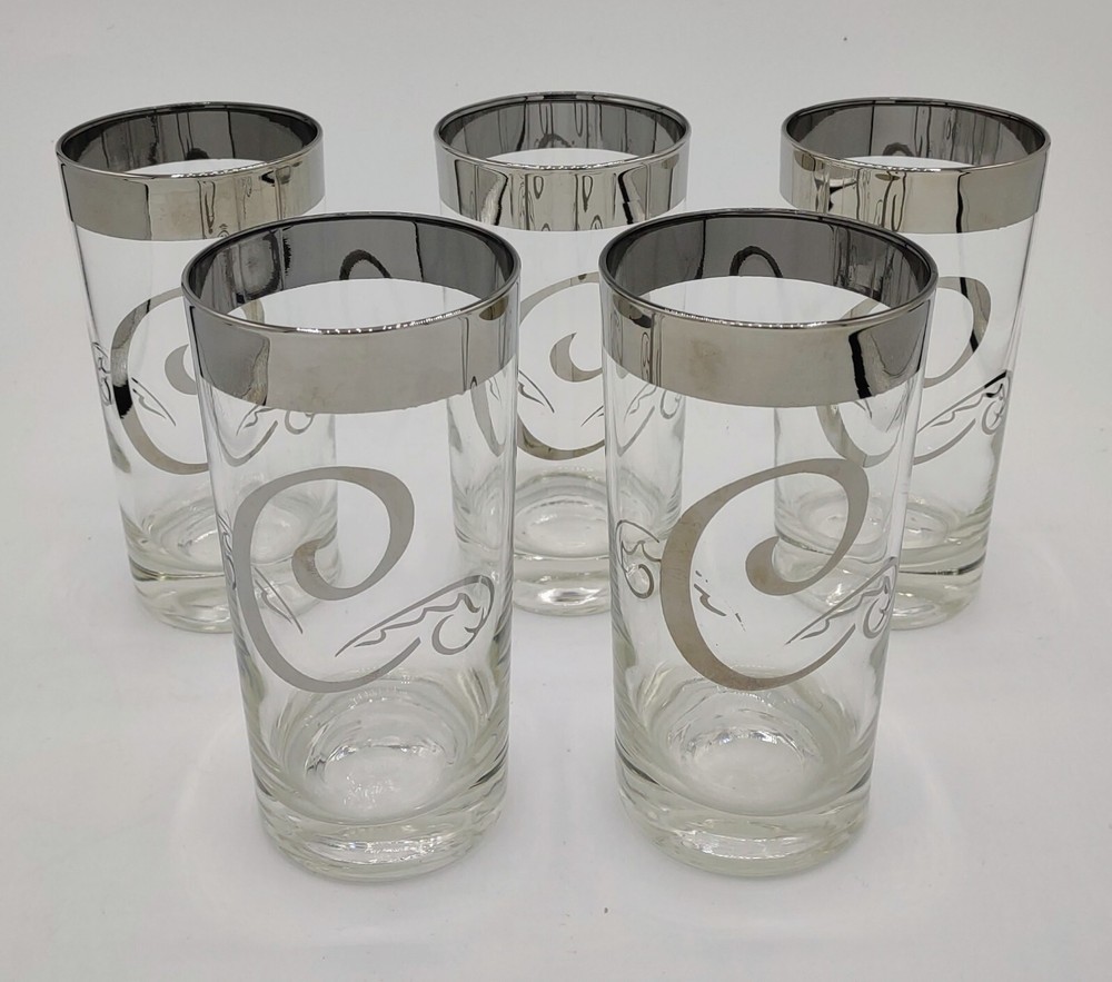 Vtg Dorothy Thorpe Silver Rim Highball Tumbler Glasses Scroll C Monogram (5)