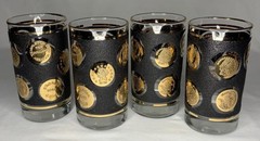 Lot Of 4 Vintage Libbey Gold Coins Tumblers Black & Gold MCM Highball Glasses 5”