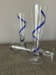 3 Pier 1 Imports Cobalt Blue Swirline Hand Blown Footed Pilsner Beer Glasses