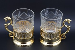 Vintage 24K Gold Plated Dragon Tea Glasses Set 2 Cut Crystal Turkish/Persian