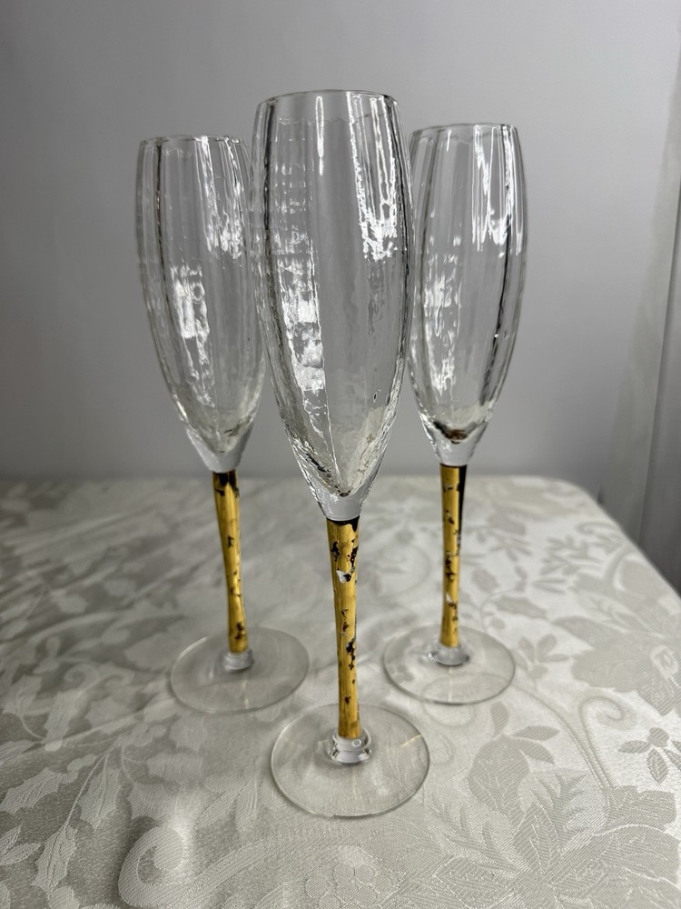Stephen Smyers Studio Art Glass RIO Gold Stem Champagne Flutes Signed Set Of 3