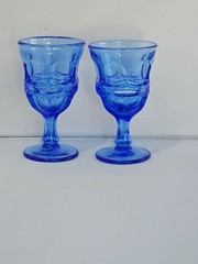 2 Fostoria Argus Blue Wine Glasses 1980s thumbprint goblets glass stemware decor