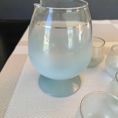 Vintage Frosted Blue Ombre Glass Pitcher & 5 Tumblers Gold Rim | MCM Blendo Set