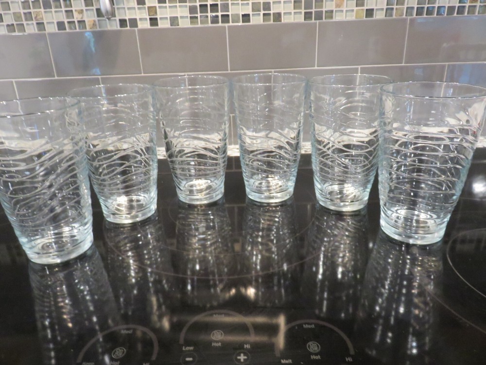 Libbey Orbita 5 3/4″ Glass Tumblers 16 oz Wavy Swirls Set/6 EUC