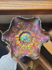 Pretty Blue Fenton Carnival Glass Holly Pattern Ruffled Bowl