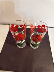 Juice Glass, Clear – Orange Red Flowers – Green Leaves – Unbranded