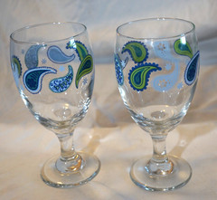 6 MCM LIBBEY CRISA BLUE TEAL PAISLEY PATTERNED GOBLETS WINE GLASSES 7″