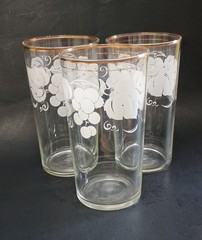 3 Vintage Tumbler Water Glasses MCM w/White Grapes Gold Trim 1960s