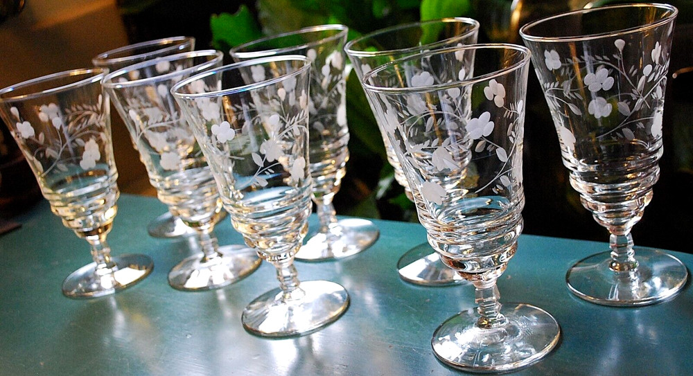 Vtg Set 8 ROCK SHARPE 3005-16 Cut Crystal ARCHED FLOWER Iced Tea Goblets Glasses