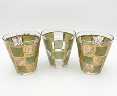3 Vtg 1960’s MCM Culver Prado Green 22kt Gold Trim Low Ball Whiskey Glasses