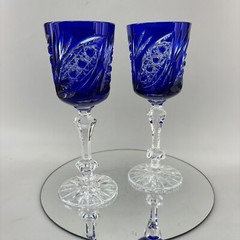 Bohemian Czech Pair Of Elegant Cobalt Blue￼ Cut To Clear 8” Hock Wine Glasses
