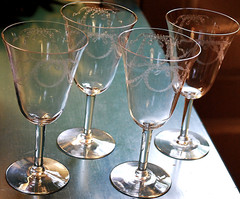 Vtg Set 4 FOSTORIA ‘GARLAND’ Needle Etched Water Goblets/Glasses 8 oz 6.75″ 1915