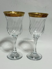 Vintage Gold Greek Key Wine Glasses Set of 2 Optic Swirl Bowl Elegant Barware