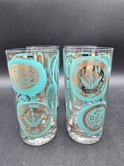 4 PC MCM Blue And Gold Drinking Glasses Barware