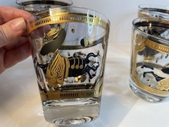 Fred Press Glasses Lowball Cocktail Black Gold Trojan Horse Set Of 4 Vintage