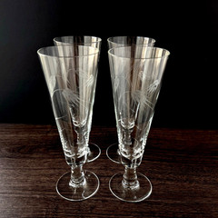 Vintage Etched Wheat Pilsner Glasses Stemmed Beer Glass MCM Barware Set of 4