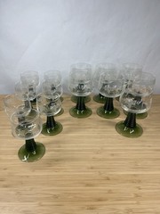 Vintage Beehive Stem Etched Wine Goblets Green Stem Mixed Set of 14