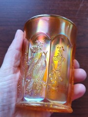 Pretty Marigold Northwood Carnival Glass Singing Birds Pattern Tumbler