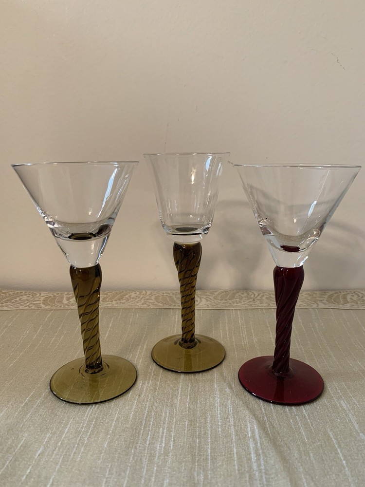 Vintage Blown Glass Amber/Red/ Twisted Stems Aperitif Cordial Glass 5.25” Set 3