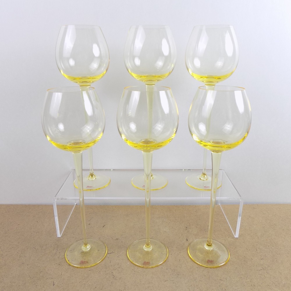 6 Moser Yellow Topaz Long Fellow Wine Glasses 9.5″ Tall Czech Crystal